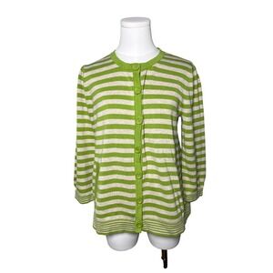 Jones New York Sport Cardigan‎ Sweater Womens L Green Stripe 3/4 Sleeve Button
